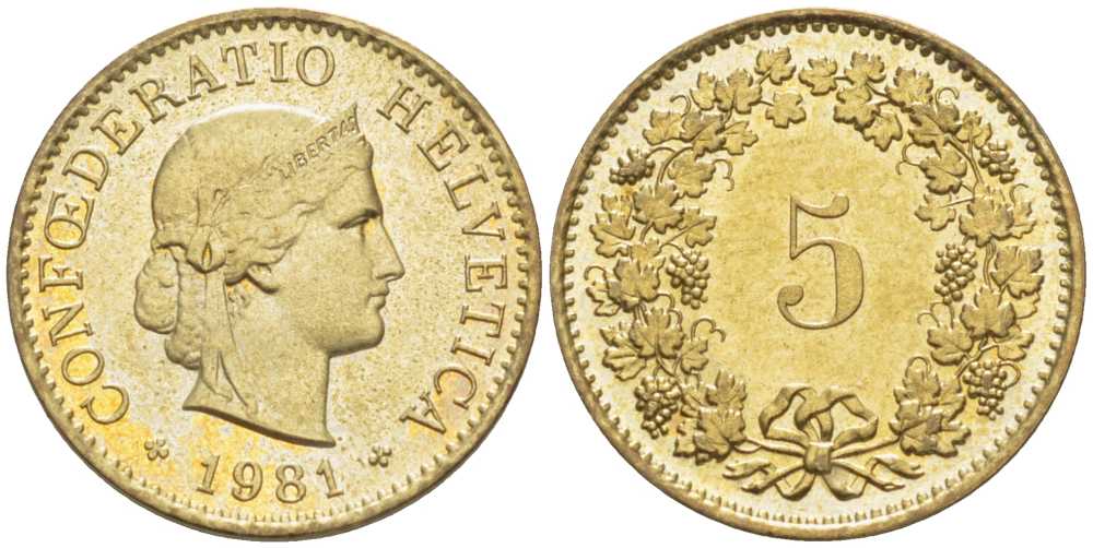 Швейцария 5 раппенов 1981 KM 26с алюминий латунь 100-1227