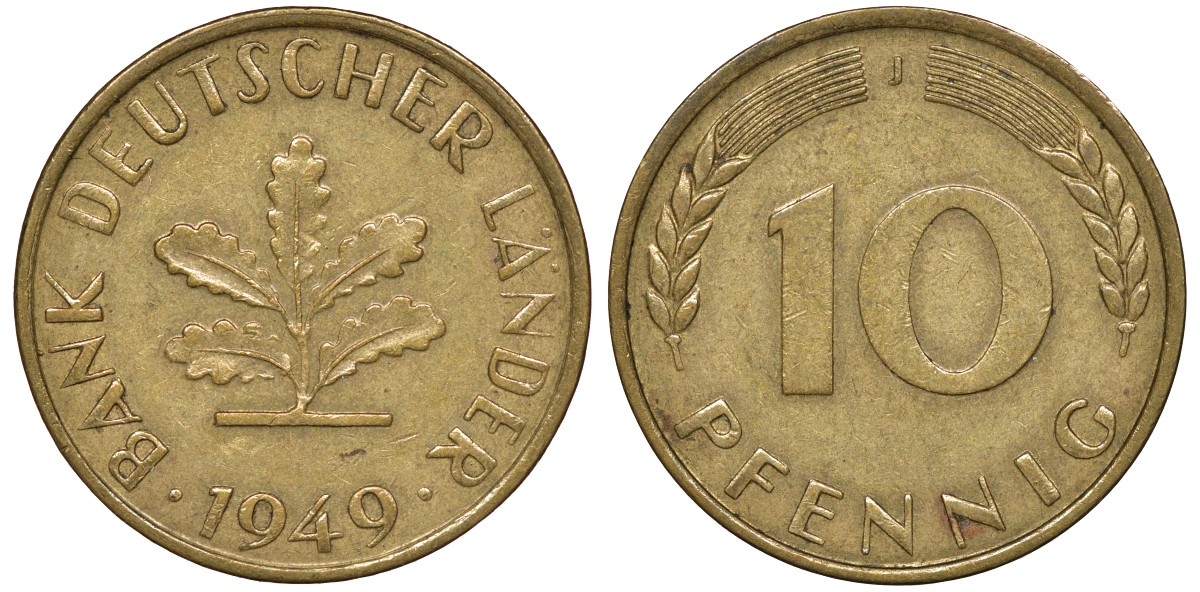 ФРГ 10 пфеннигов 1949 J KM 103, J. 378 сталь плакированная латунью 4163-322