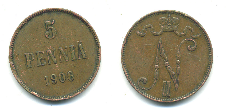 РОССИЯ ДЛЯ ФИНЛЯНДИИ 5 ПЕННИ 1906 НИКОЛАЙ II KM 15, Биткин 447 медь 4381-426