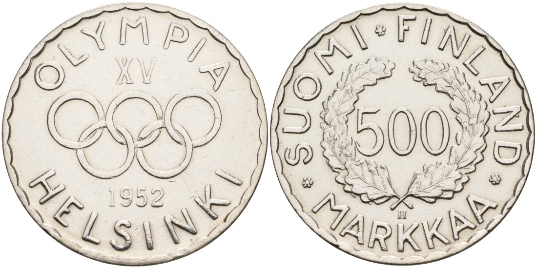 Финляндия 500 марок 1952 H, XV зимние Олимпийские игры в Хельсинки 1952 года KM 35 серебро 69-511