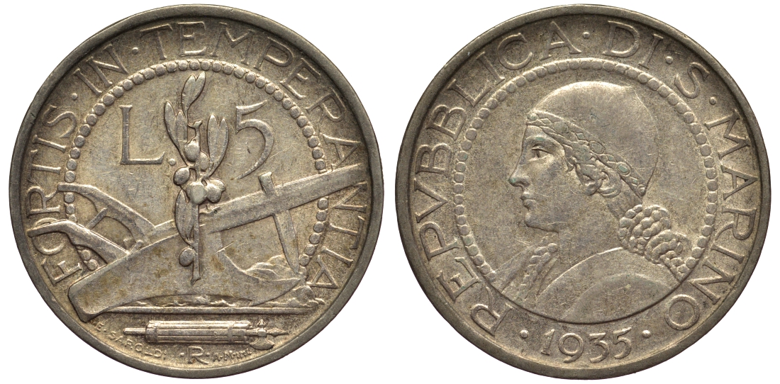 САН-МАРИНО 5 ЛИР 1935 KM 9 серебро 27-1043