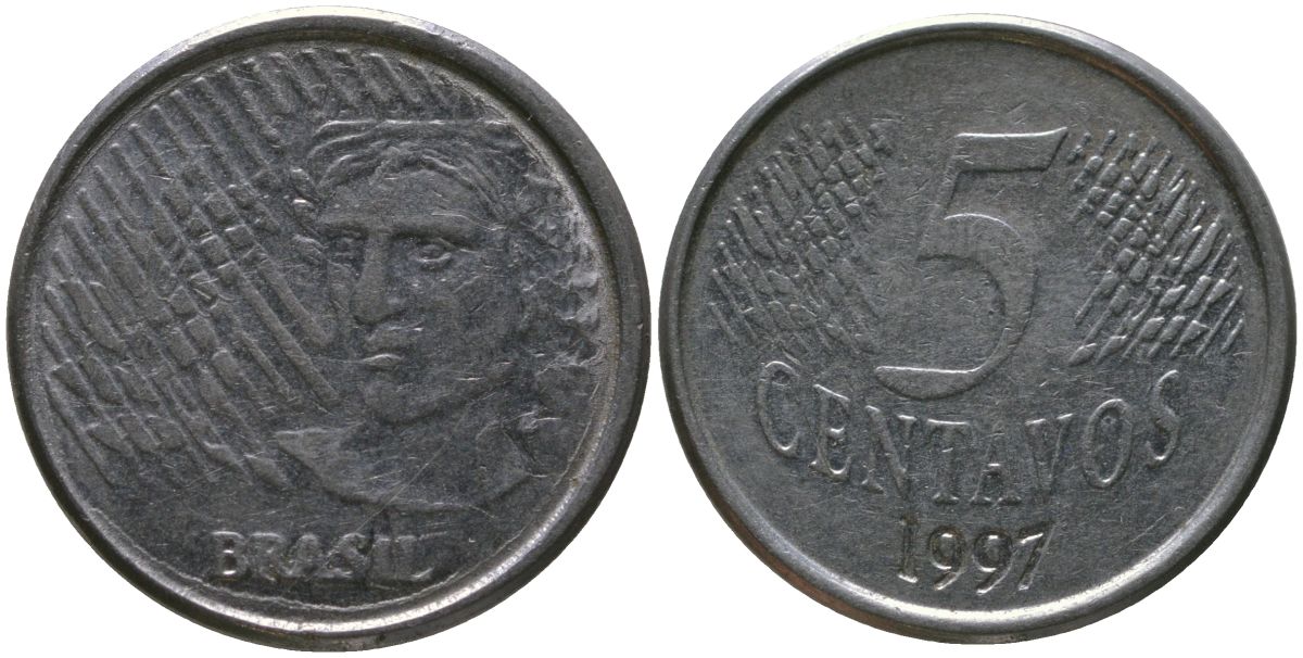 Бразилия 5 сентаво 1997 KM 632, Schon 141 нержавеющая сталь 4519-653