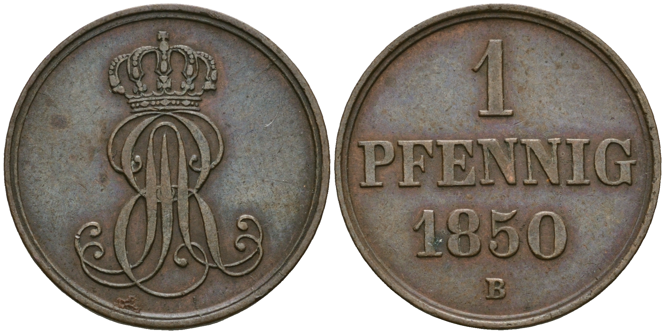 Ганновер 1 пфенниг 1850 B, Эрнст Август (1837-1851) KM 201.1, AKS 129, J. 74 медь 4608-1064