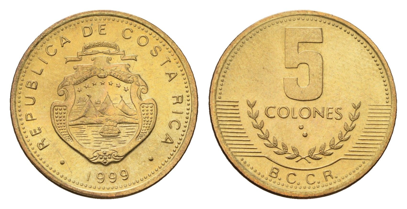 Коста-Рика 5 колонов 1999 год-тип KM 227a.1 алюминиевая бронза UNC 4690-839