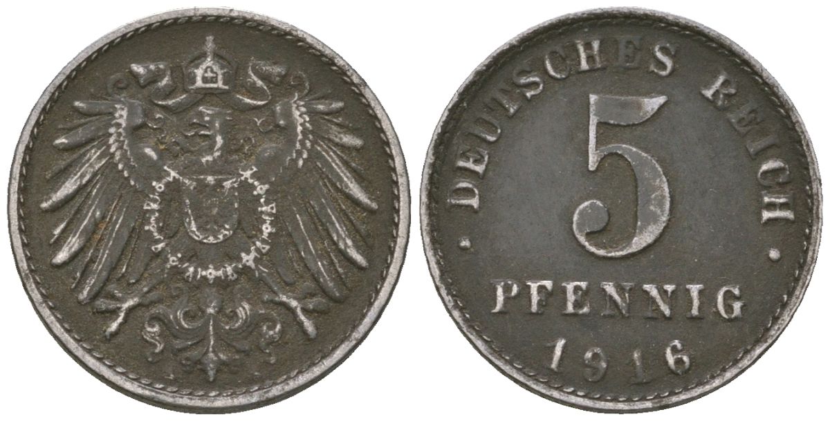 Германия 5 пфеннигов 1916 A, Вильгельм II (1888-1918) KM 19, AKS 17, J 297, Schon DM 20, Neum 33 железо 4588-143