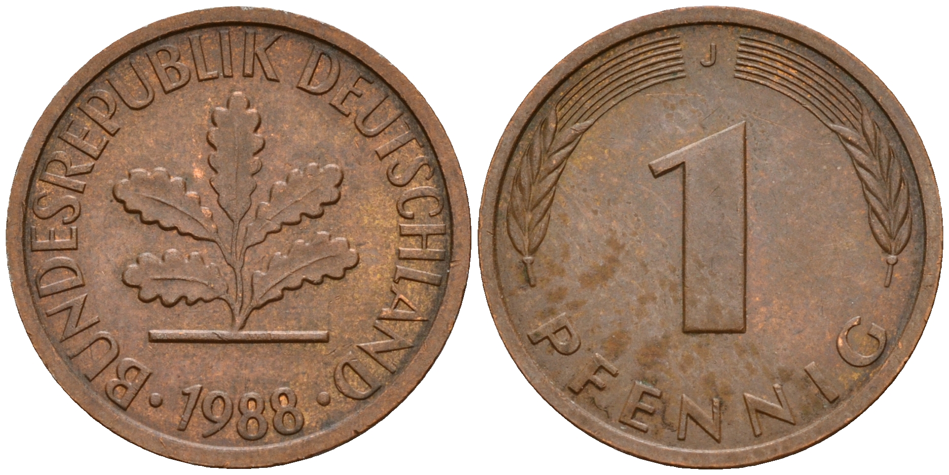 ФРГ 1 пфенниг 1988 J KM 105, J. 380 сталь плакированная медью    4598-655