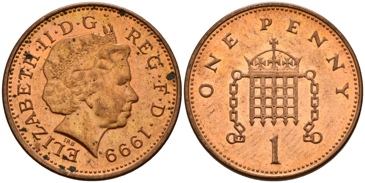 Великобритания 1 пенни 1999 Елизавета II (1952-2022) KM 986, Spink 4710 (B5) сталь плакированная медью 4154-1015