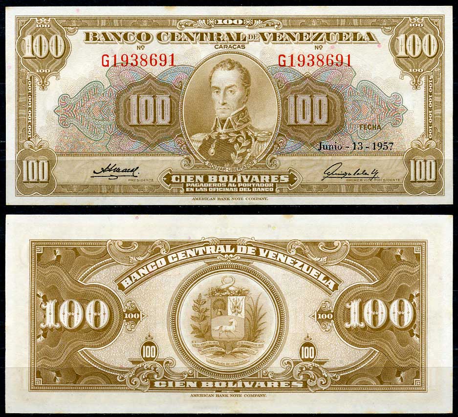 Венесуэла 100 боливаров 1957 Симон Боливар Pick 34 c  бумага  UNC (пресс) 00-00