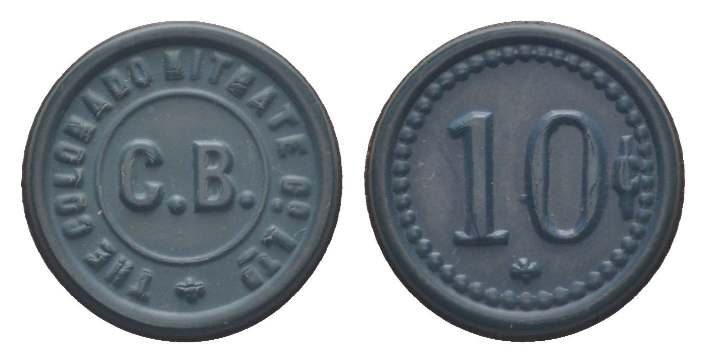 Чили, Кармен Баджо (Carmen Bajo), Посо-Альмонте шахтерский жетон с Селитряного рудника для покупки в местных магазинах, номиналом в 10 сентаво 1880-1920 диаметр 21 мм, вес 1,12 гр Espinosa 65.5 эбонит (синий) 1094-3-61