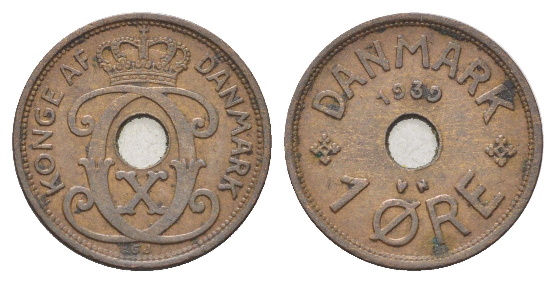 Дания 1 эре 1939 N, Кристиан X (1912-1947) KM 826 бронза 4701-622