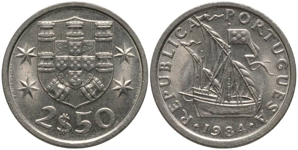 Португалия 2,5 эскудо 1984 парусник KM 590 медно-никель UNC 181-342