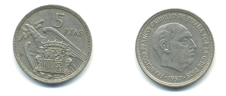 ИСПАНИЯ 5 ПЕСЕТ 1957 (74) ФРАНСИСКО ФРАНКО ДИКТАТОР ИСПАНИИ (1939-1975) KM 786 медно-никель 80-1124