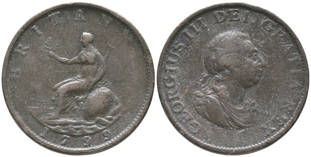 Великобритания 1/2 пенни 1799 Георг III (1760-1820) KM 647, Spink 3778 медь 32-411