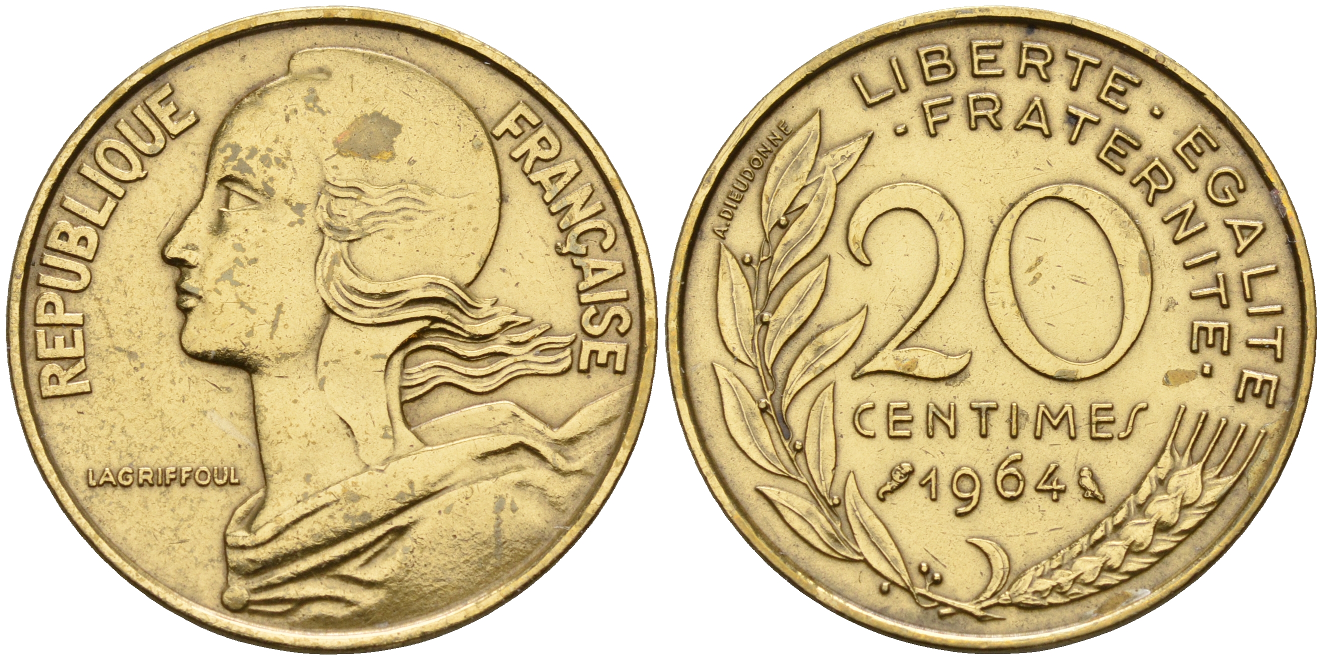 Франция 20 сантимов 1964 тип Марианна KM 930 медь алюминий никель    4153-355