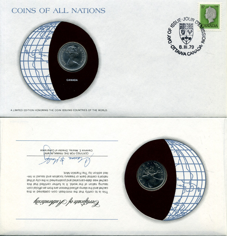 КАНАДА 25 ЦЕНТОВ 1979 конверт с маркой первого дня гашения, Coins of Nations KM 74 никель UNC 4294-26-3