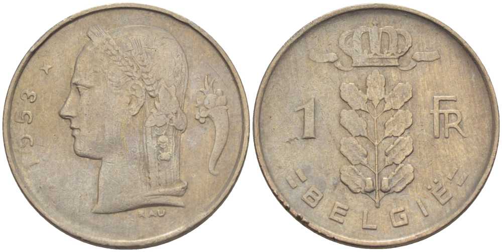 БЕЛЬГИЯ 1 ФРАНК 1953 BELGIE, БОДУЭН I (1951-1993) KM 143.1 медно-никель 202-947