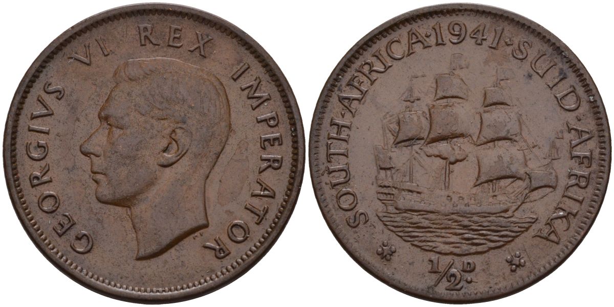 ЮАР 1/2 пенни 1941 Георг VI (1937-1952) KM 24 бронза 4593-1011