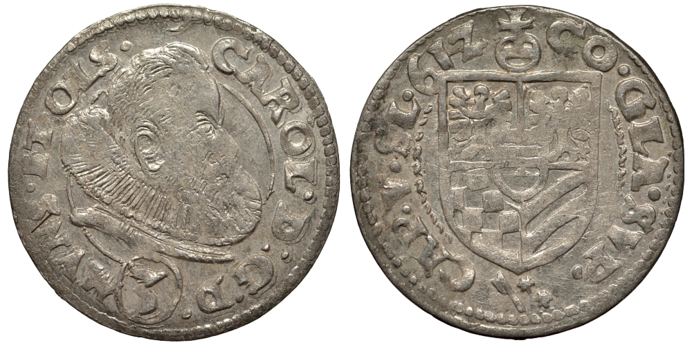 Силезия, Мюнстерберг, Олесница грошен (3 крейцера) 1612 Карл II серебро 413-913