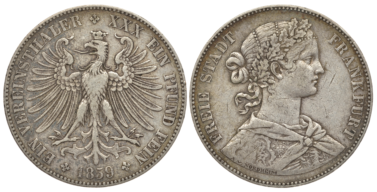 Франкфурт 1 талер 1859 KM 360, Thun 142 серебро 00-000-00