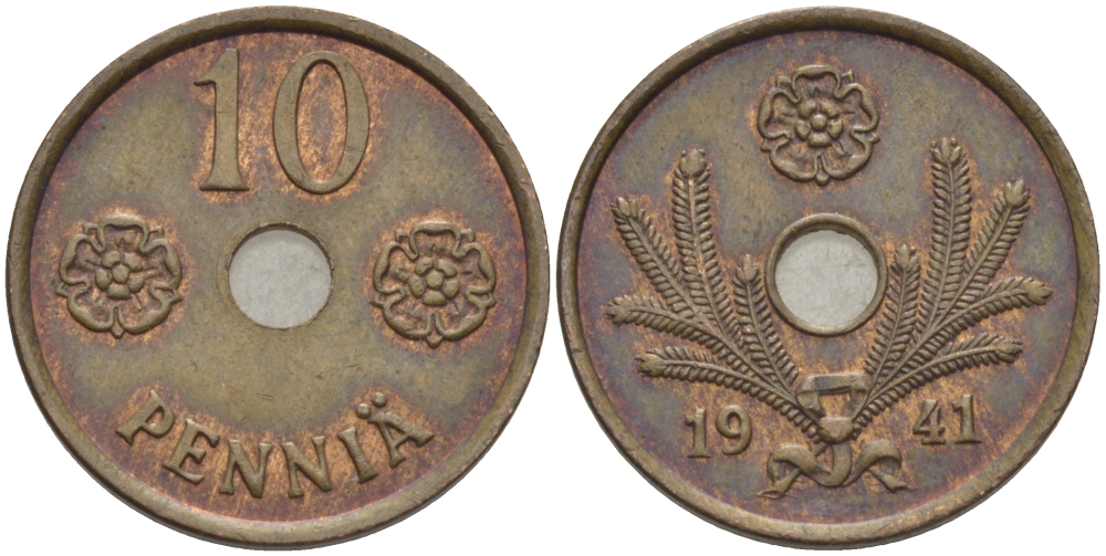 ФИНЛЯНДИЯ 10 ПЕННИ 1941 KM 33.1 медь 100-166