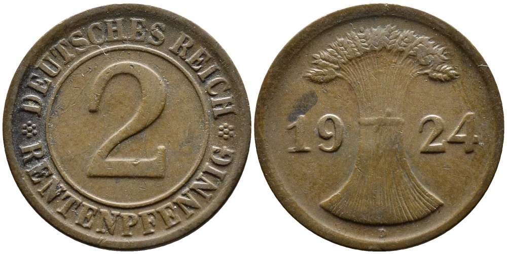 ГЕРМАНИЯ 2 РЕНТЕНПФЕННИГА 1924 D KM 31, J.307 бронза 4387-1133