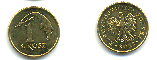 ПОЛЬША 1 ГРОШ 2011 KM 276 латунь UNC 3999-1116
