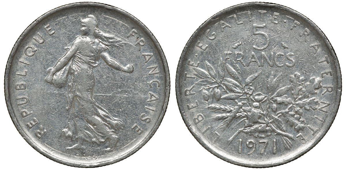 Франция 5 франков 1971 сеятель KM 926a.1, Le Franc 341.3 медно-никель плакированный никелем 72-1316
