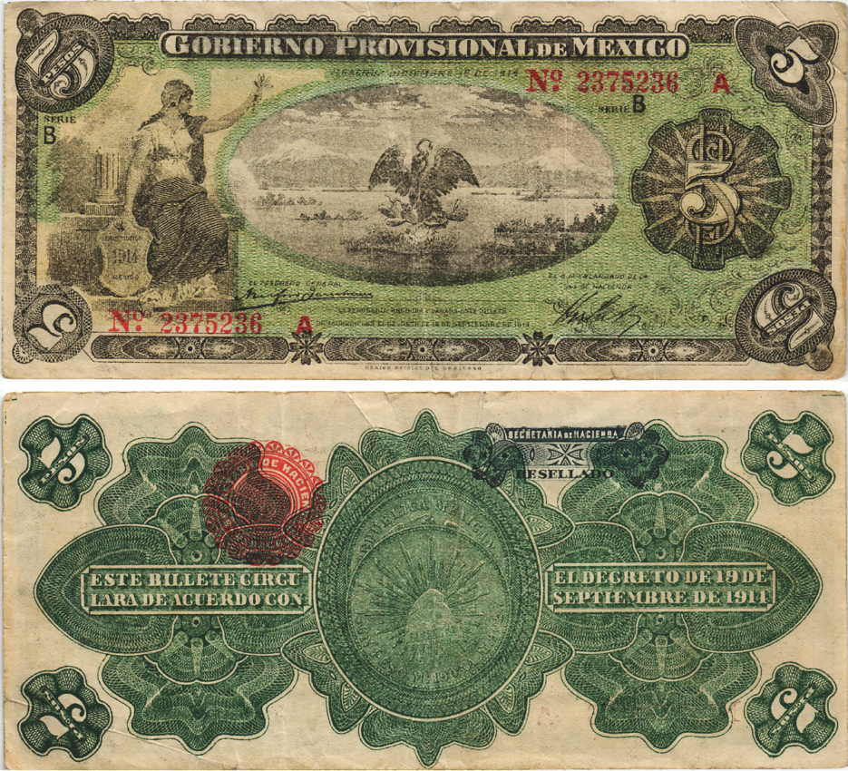 Мексика, Революция 5 песо 1914 Переходное правительство Мексики, штат Веракруз, надпечатка RESELLADO Pick S1104a бумага 8604-40-1