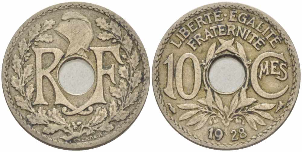ФРАНЦИЯ 10 САНТИМОВ 1928 ТИП ЛИНДАЙЁ KM 866а, LE FRANC 138.15 медно-никель 108-156