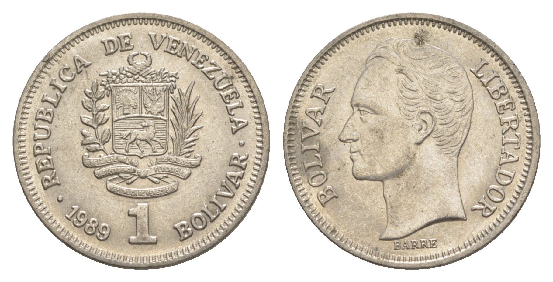 Венесуэла 1 боливар 1989 Симон Боливар, тонкий шрифт Y 52a.1 сталь плакированная никелем 4589-542