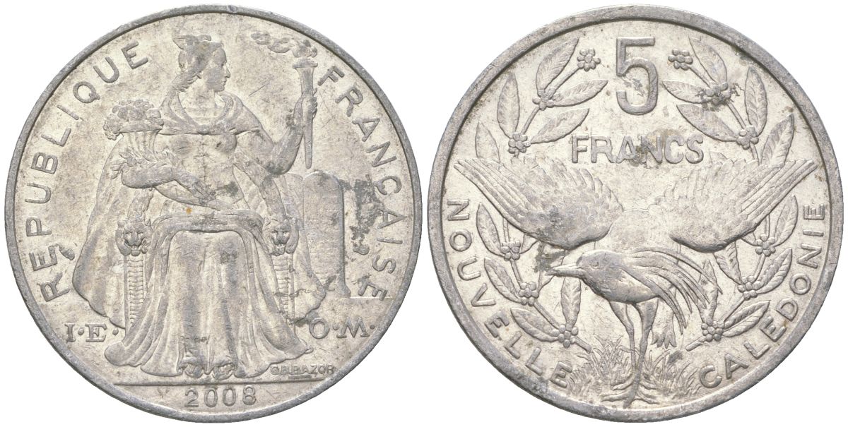 Французская Новая Каледония 5 франков 2008 птица кагу, (IEOM) KM 16, Schoen 12, Lec 81k алюминий 215-1015