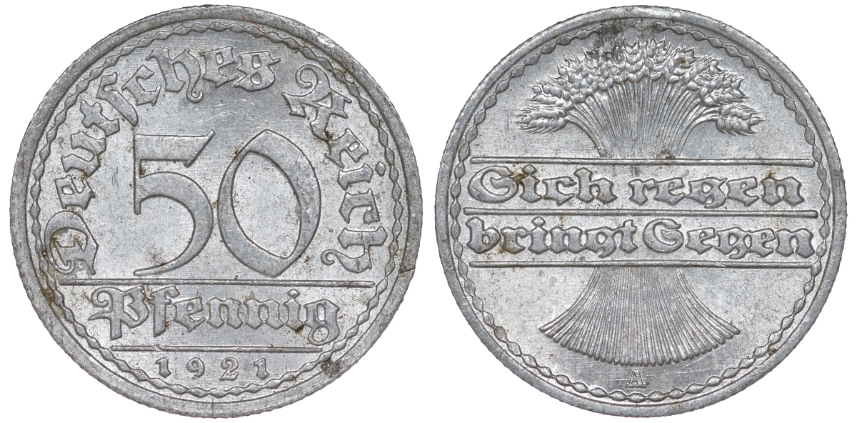 Германия 50 пфеннигов 1921 A KM 27, J. 301 алюминий 4163-1021