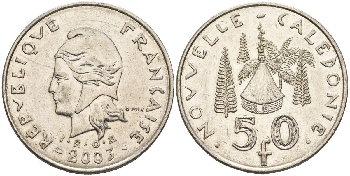 Французская Новая Каледония 50 франков 2003 хижина среди сосен и пальм, (IEOM) KM 13, Schoen 15, Lec 121 никель 4123-1214