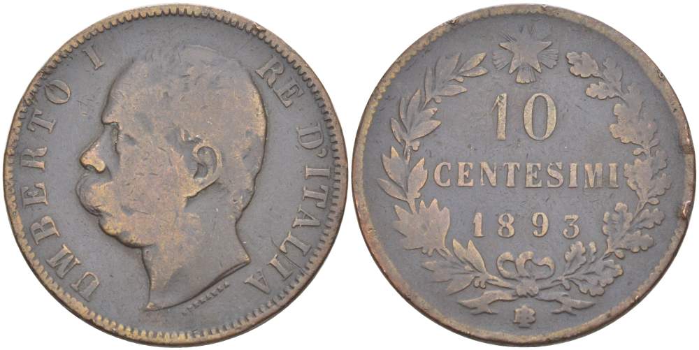ИТАЛИЯ 10 ЧЕНТЕЗИМО 1893 BЛ, МОНДВОР БИРМИНГЕМ, УМБЕРТО I (1878-1900) KM 27.1 медь 4526-941