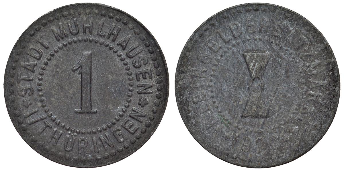 Мюльхаузен в Тюрингии 1 пфенниг 1920  Funck 342.13, Men18 21432.17 цинк     4118-1013