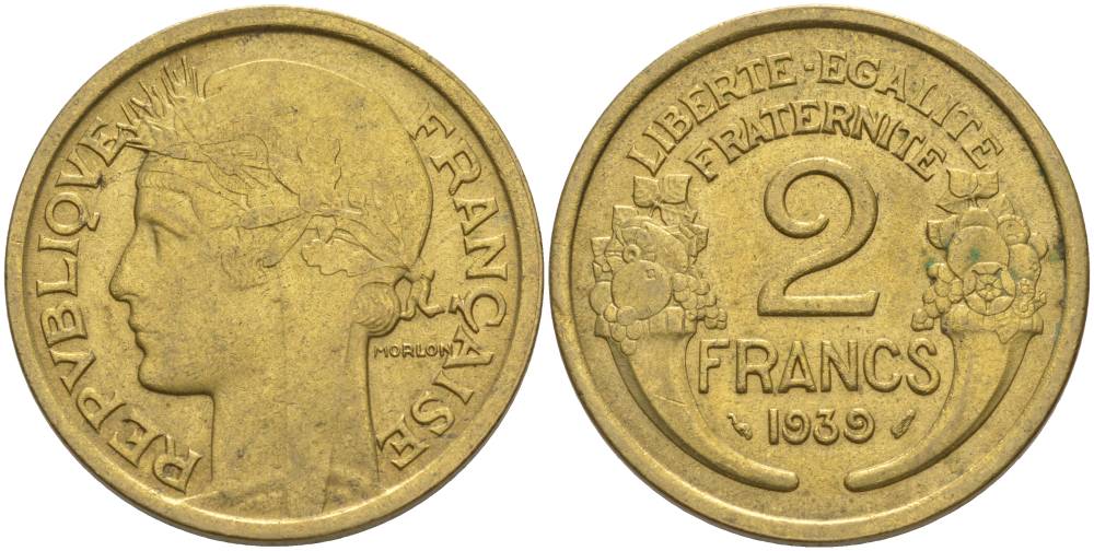 ФРАНЦИЯ 2 ФРАНКА 1939 ТИП MORLON KM 886, LE FRANC 268.12 алюминиевая бронза 3855-131