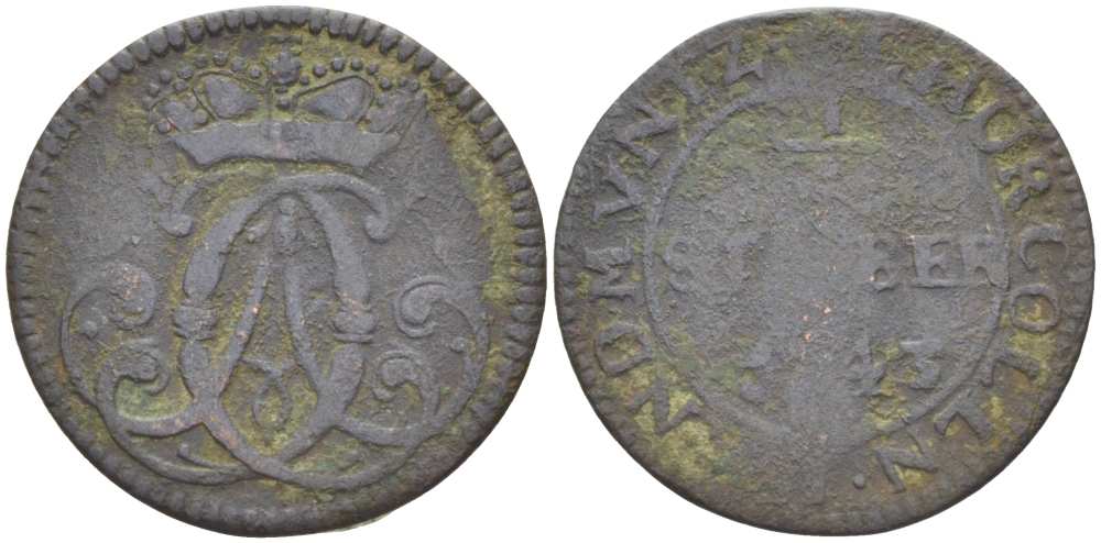 Кельн 1/4 штубера 1743 КЛЕМЕНС АВГУСТ БАВАРСКИЙ (1723-1761), АРХИЕПИСКОПСТВО KM 135.1 медь 210-1156