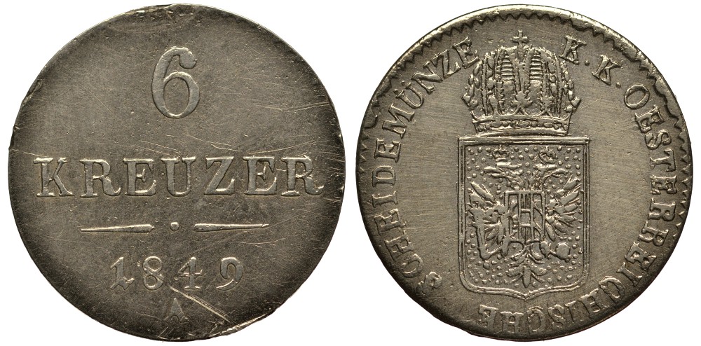 Австрия 6 крейцеров 1849 A, Франц Иосиф I (1848-1916) KM 2200 серебро 413-4311