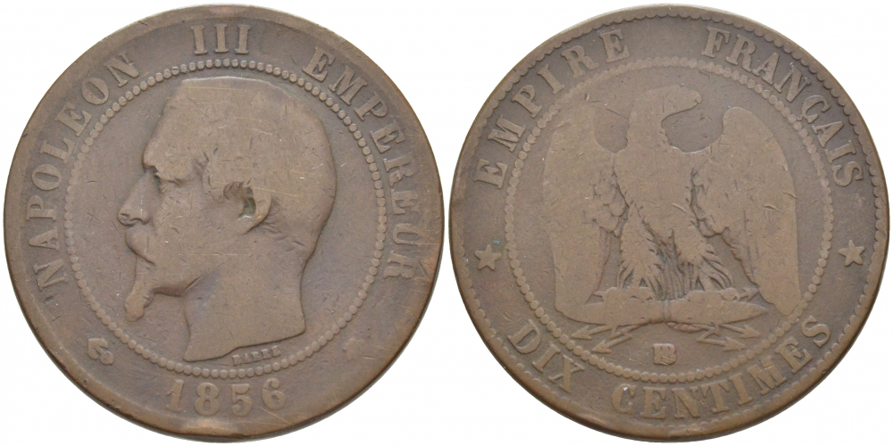 ФРАНЦИЯ 10 САНТИМОВ 1856 BB, НАПОЛЕОН III (1852-1870) KM 771.3LA FRANC 133.34 бронза 114-642