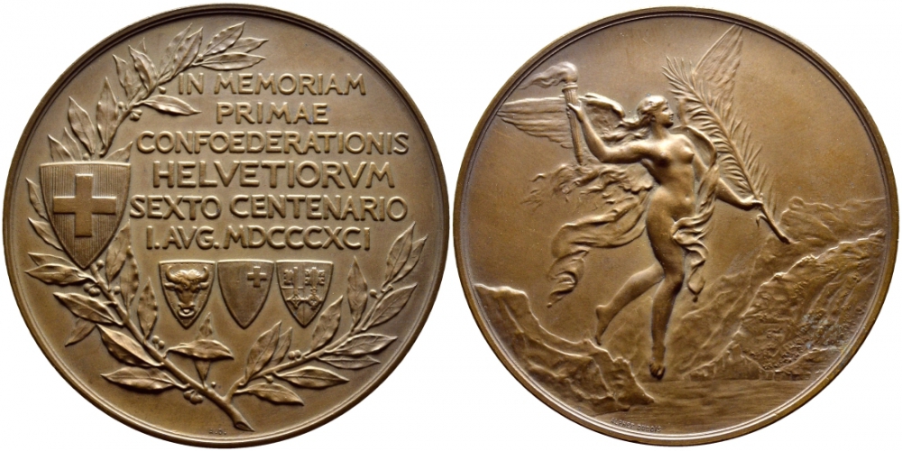Швейцария медаль 1891 600 лет Швейцарской Конфедерации, эротика, в оригинальной коробке, 68 мм бронза 6-5-1-30