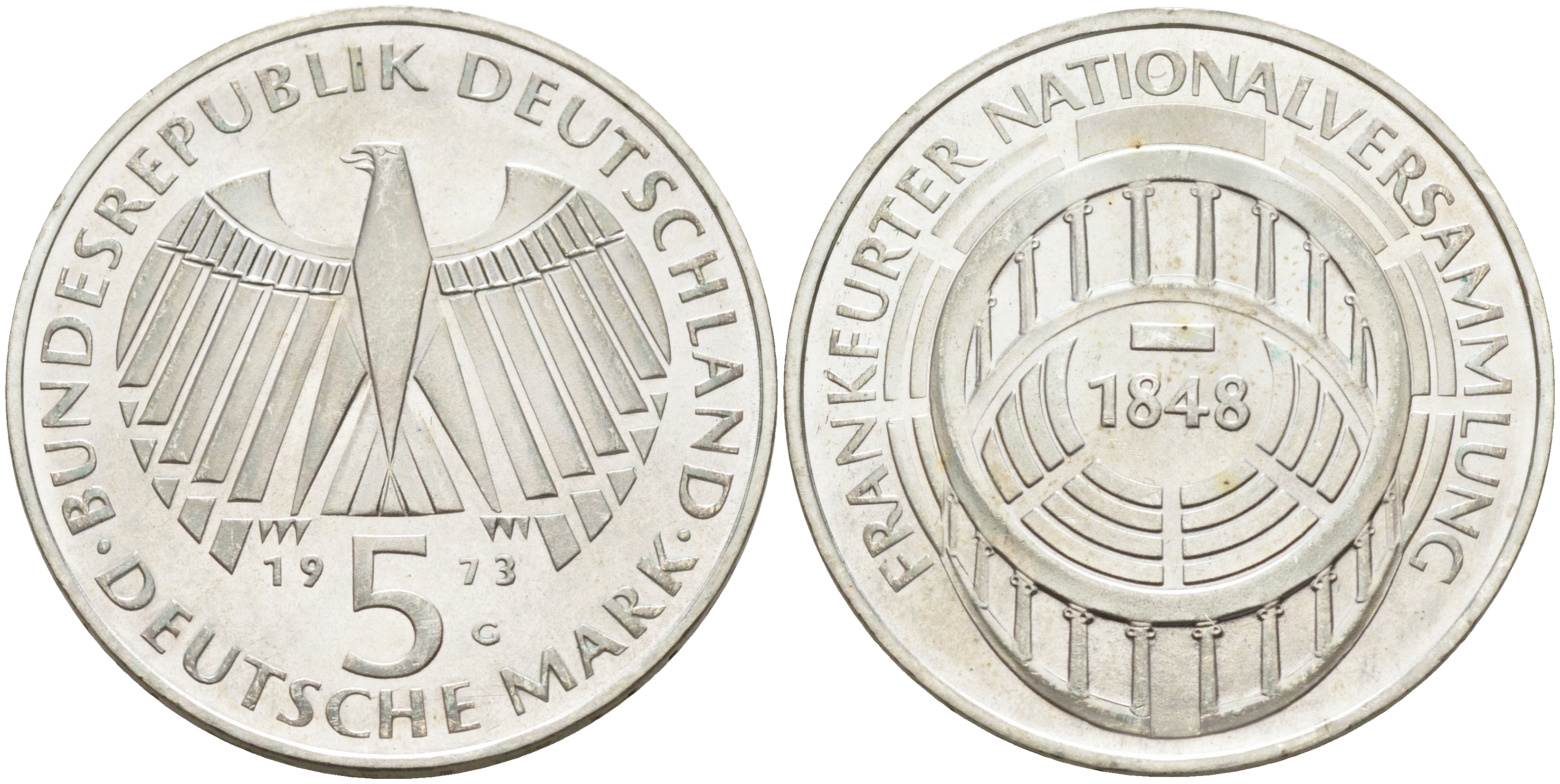 ФРГ 5 марок 1973 G, 125 лет Франкфуртскому парламенту J. 412, KM 137 серебро  UNC  4117-236