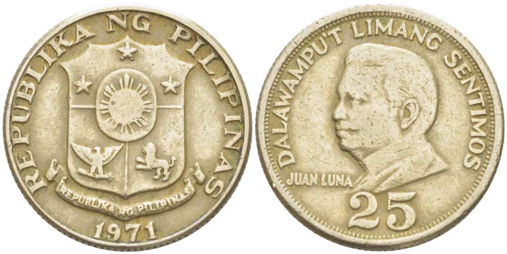ФИЛИППИНЫ 25 СЕНТИМО 1971 ХУАН ЛУНА KM 199 медь цинк никель 4513-927