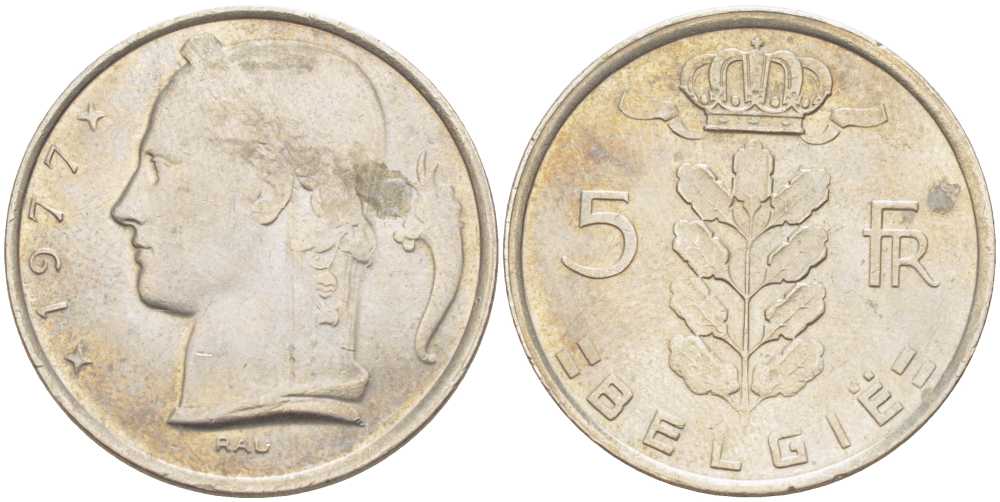 БЕЛЬГИЯ 5 ФРАНКОВ 1977 BELGIE, БОДУЭН I (1951-1993) KM 135.1 медно-никель 202-1224