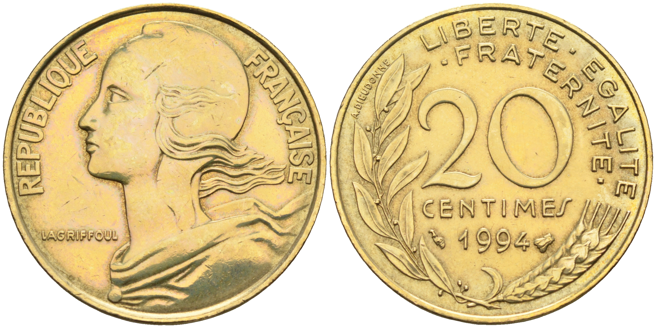 Франция 20 сантимов 1994 тип Marianne KM 930 медь алюминий никель    4177-137