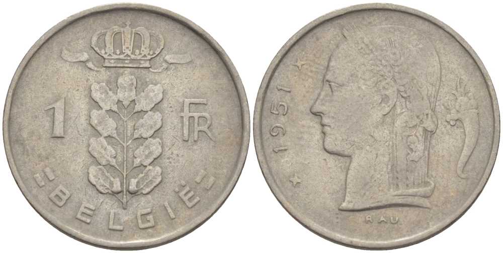 БЕЛЬГИЯ 1 ФРАНК 1951 BELGIE, БОДУЭН I (1951-1993) KM 143.1 медно-никель 213-322