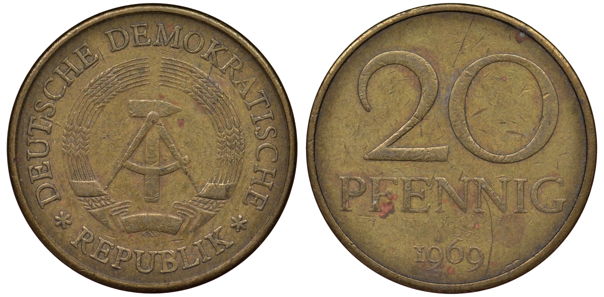 ГДР 20 пфеннигов 1969 А, первый год KM 11 латунь 62-945