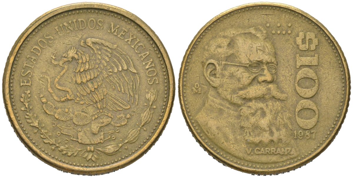 Мексика 100 песо 1987 Мо, Венустиано Карранса де ла Гарса KM 493 алюминиевая бронза 186-931
