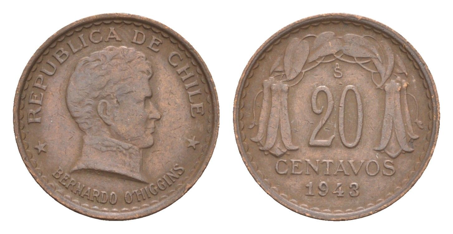 Чили 20 сентаво 1943 KM 177 медь 4651-944