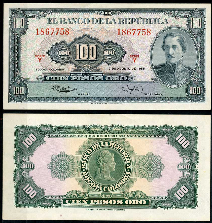 Колумбия 100 песо 1958 генерал Франсиско де Паула Сантандер Pick 403 a  бумага  UNC (пресс) 00-00