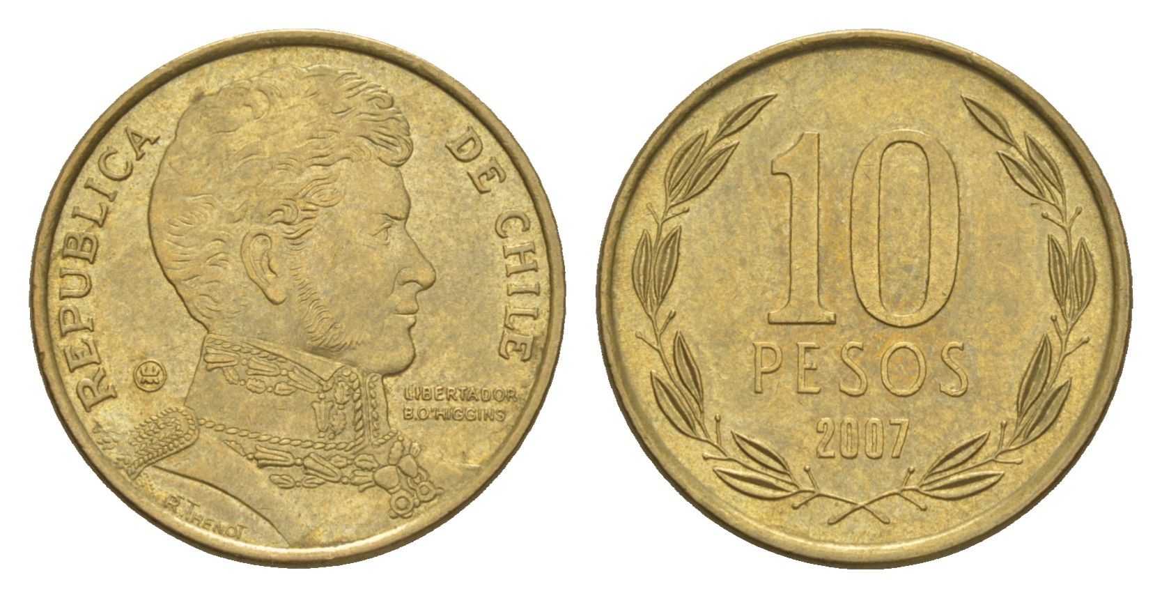 Чили 10 песо 2007 KM 228 никель латунь 4640-1058